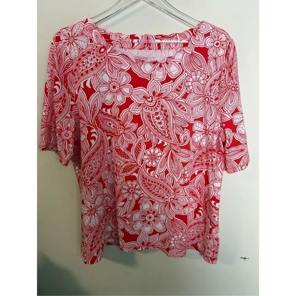 Talbots Womens XL red white floral scallop boat neck short sleeve pima cotton